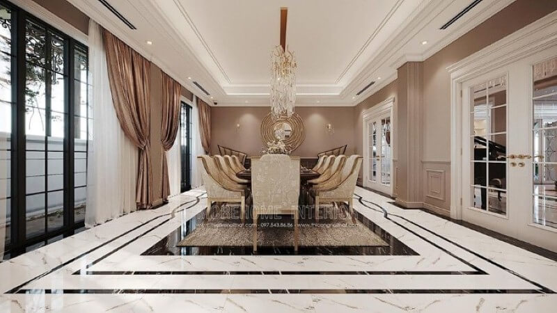 Sắp xếp nội thất phòng ăn đương đại ấn tượng với không gian mở thông thoáng. Mẫu thiết kế nội thất biệt thự đẹp