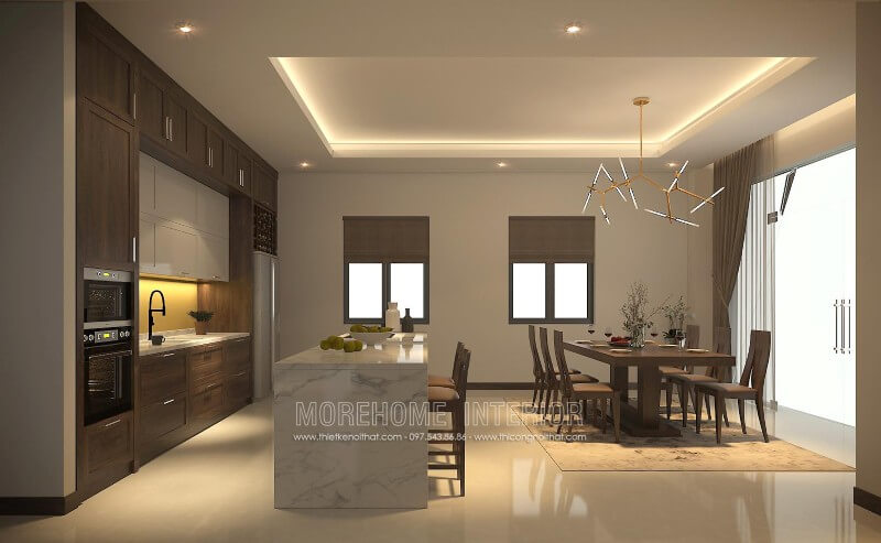 Thiết kế tủ bếp biệt thự liền kề với khu vực ăn uống tạo cảm giác thuận tiện cho gia chủ Thiết kế và sản xuất tủ bếp đẹp