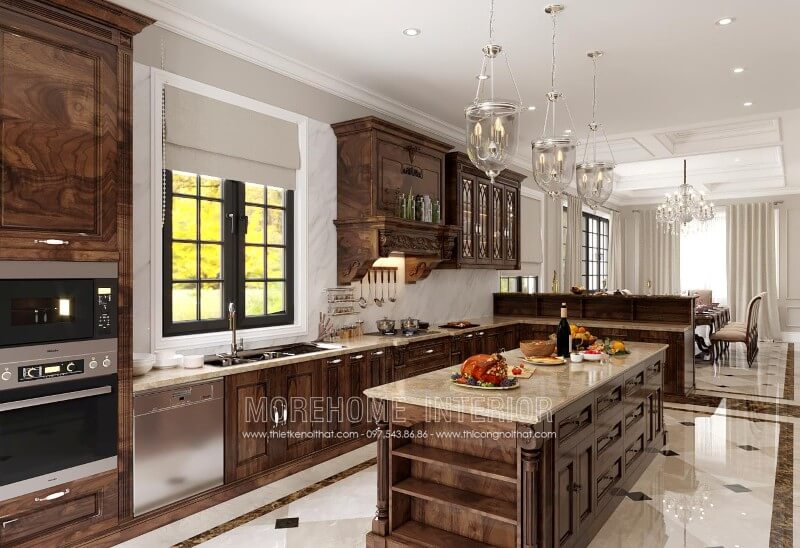 Tủ bếp gỗ óc chó tân cổ điển được thiết kế từ chất liệu gỗ tự nhiên nhập khẩu dành riêng cho biệt thự, chung cư cao cấp Thiết kế và sản xuất tủ bếp đẹp