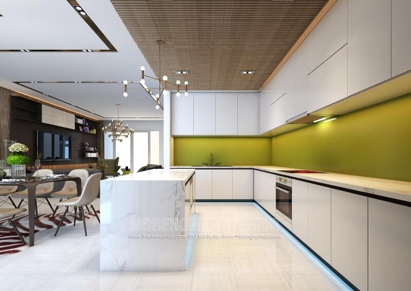 Thiết kế tủ bếp gỗ màu trắng ấn tượng, thiết kế bàn đảo liền kề mang lại sự tinh tế và tiện nghi Thiết kế và sản xuất tủ bếp đẹp