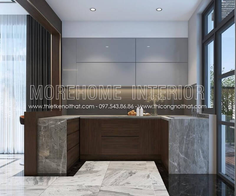 Mẫu tủ bếp đẹp phong cách hiện đại được làm từ chất liệu gỗ công nghiệp nhẹ nhàng phù hợp với nhiều không gian sống như chung cư, biệt thự... Thiết kế và sản xuất tủ bếp đẹp
