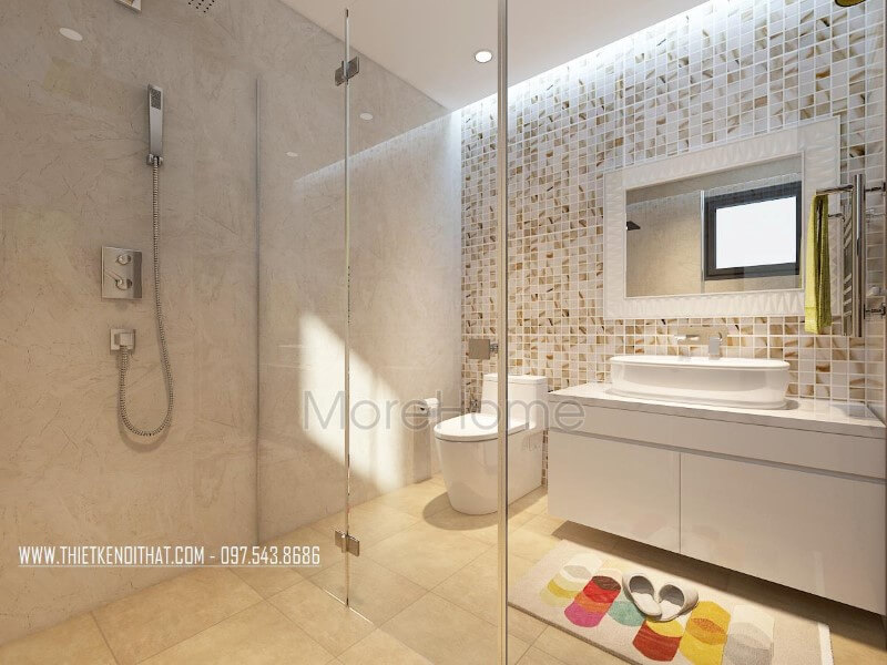 Với những khu vực thường xuyên tiếp xúc với nước, đá nhân tạo ốp tủ lavabo được coi như là vật liệu hoàn hảo cho không gian phòng tắm sang trọng Đá ốp lavabo