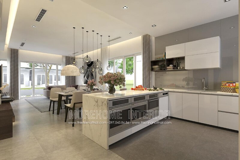 Thiết kế tủ bếp hiện đại liền kề với khu vực sinh hoạt chung khác mang lại cho gia chủ một không gian sống đầy đủ tiện nghi hơn cả Tủ bếp đẹp, sang trọng và đẳng cấp