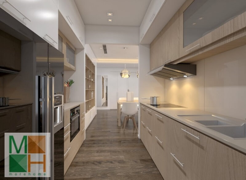 Mẫu thiết kế hệ tủ bếp gỗ đẹp sử dụng gỗ công nghiệp An Cường cao cấp màu sáng mang đến vẻ đẹp cho phòng bếp Mẫu nội thất chung cư đẹp