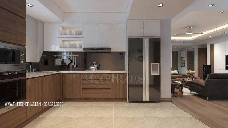 Tủ bếp dưới sử dụng chất liệu gỗ công nghiệp dán Veneer, tủ bếp trên được sử dụng với chất liệu gỗ công nghiệp phủ bề mặt acrylic tiện nghi, đa năng Tủ bếp gỗ công nghiệp và tủ bếp acrylic