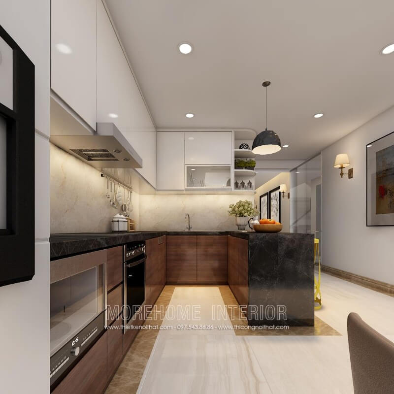 Thiết kế tủ bếp hiện đại gỗ Veneer óc chó kết hợp gỗ Acrylic đầy lạ mắt, tạo điểm cuốn hút cho bất kì ánh nhìn của vị khách tới chơi nhà Tủ bếp gỗ công nghiệp và tủ bếp acrylic