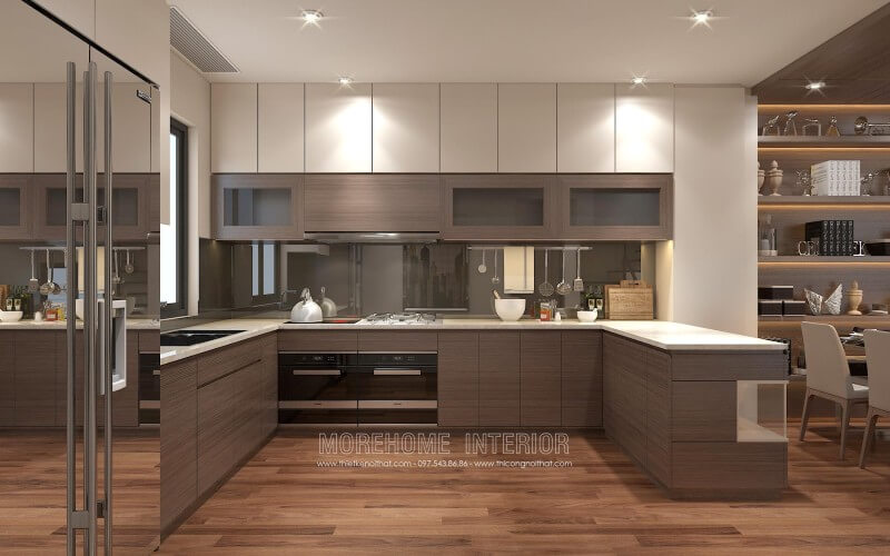 Sự đối lập giữa 2 gam màu nâu - trắng mang lại cái nhìn mới lạ, ấn tượng, tủ bếp gỗ công nghiệp gợi mở ra một nhà bếp tinh tế và ấm cúng Tủ bếp gỗ công nghiệp và tủ bếp acrylic