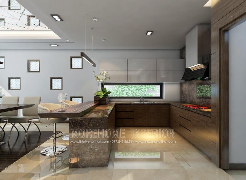 Thiế kế tủ bếp chữ U gỗ công nghiệp kết hợp quầy bar hoặc bàn ăn phụ nhỏ tạo tiện nghi cho người sử dụng Tủ bếp gỗ công nghiệp và tủ bếp acrylic