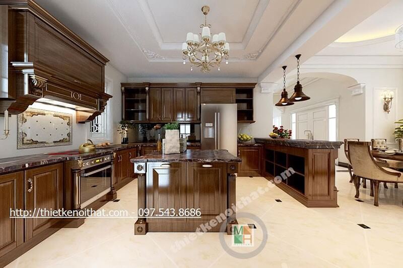 Thiết kế tủ bếp chữ u gỗ tự nhiên với tone màu trầm, mặt bếp ốp đá tự nhiên cao cấp thuận tiện cho việc vệ sinh và tạo sự thẩm mỹ cho căn bếp Tủ bếp hiện đại, tủ bếp chữ u, tủ bếp chữ i, tủ bếp chữ l