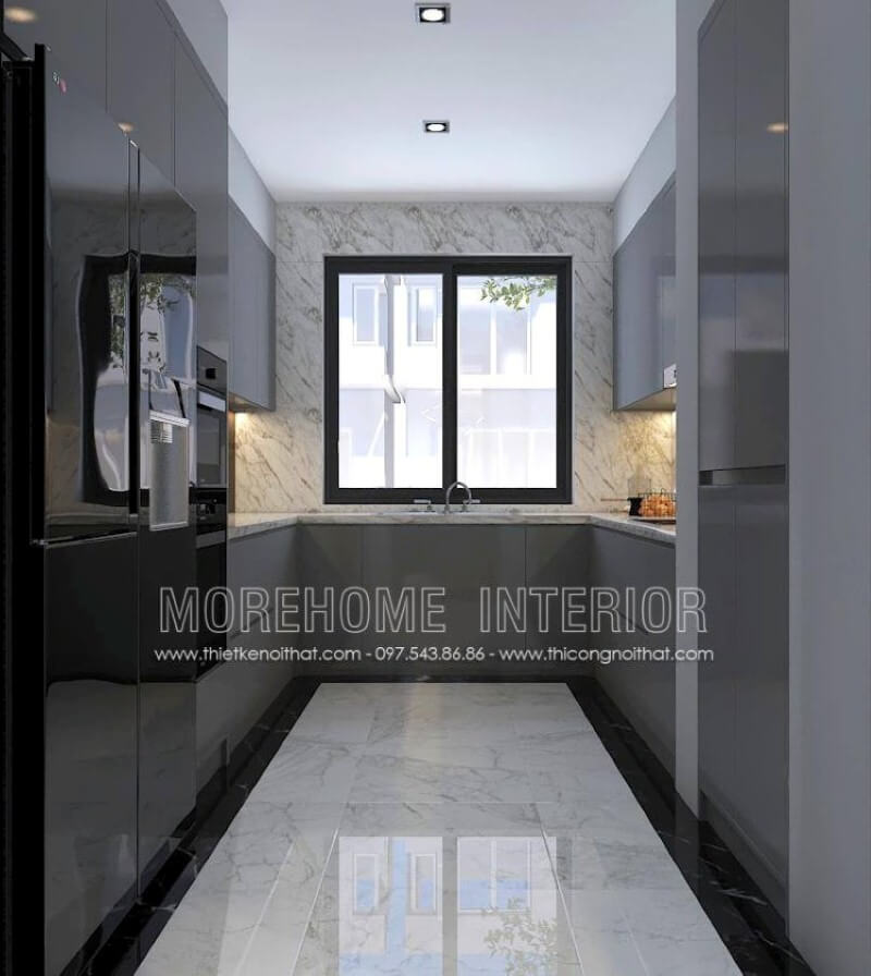 Bố trí phòng bếp với tủ bếp hình chữ U màu xám là một ý tưởng sử dụng tối đa diện tích và có thể lưu trữ những vật dụng phát sinh cần thiết trong sinh hoạt gia đình phù hợp với mọi không gian hiện đại từ chung cư, nhà phố, biệt thự. Thiết kế tủ bếp biệt thự sang trọng