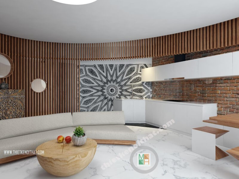 Mẫu thiết nội thất chung cư Green Stars Phạm Văn Đồng đẹp thay vì sử dụng thiết kế vuông hay chữ nhật thường thấy, kiến trúc sư tạo mô hình không gian hình Elip và xuyên suốt giữa 3 không gian phòng khách, bếp và phòng ăn mang tới không gian sử dụng tối ưu cho người dùng. Mẫu thiết kế nội thất chung cư đẹp