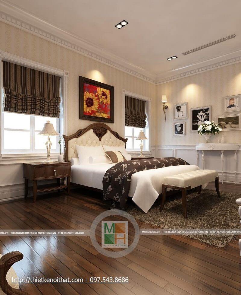 Thiết kế nội thất gỗ tự nhiên cho phòng ngủ tân cổ điển cao cấp, sang trọng Mẫu thiết kế nội thất biệt thự đẹp
