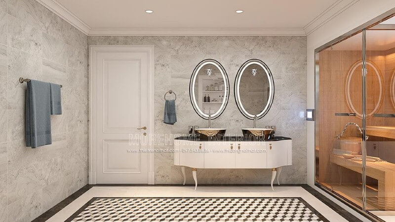 Sắp xếp phòng tắm ấn tượng với gương đèn led hắt sáng hình elip cao cấp. Mẫu nội thất biệt thự đẹp