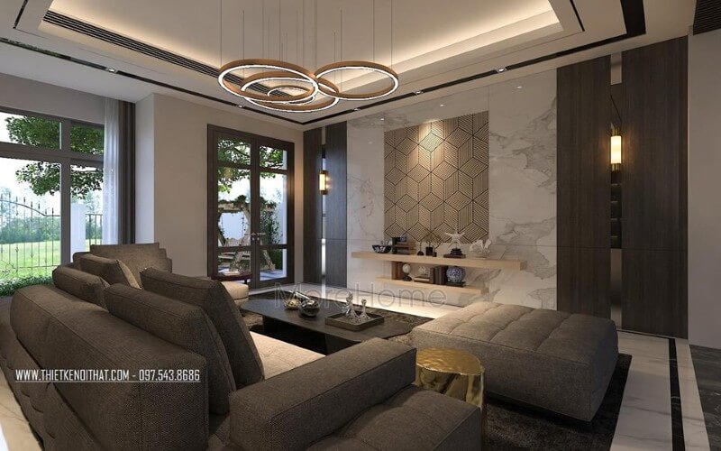 Bố trí không gian phòng khách rộng, hiện đại ấn tượng với ý tưởng sử dụng gam màu đối lập từ xám trắng cùng đồ nội thất cao cấp. Mẫu nội thất biệt thự đẹp