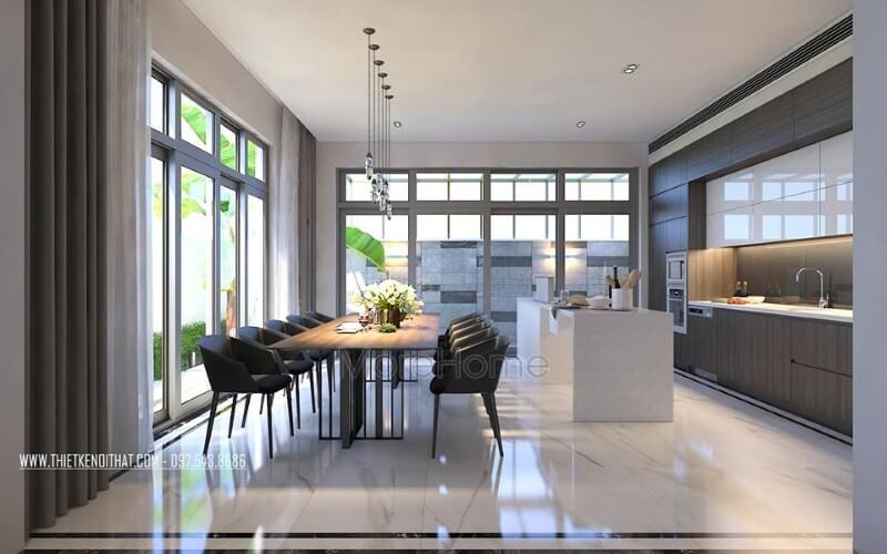 Thiết kế nội thất phòng ăn hiện đại nhưng đẹp thông thoáng bởi ý tưởng tạo nên không gian mở từ hệ cửa kính rộng, lớn. Mẫu nội thất biệt thự đẹp