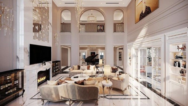 Trang trí nội thất biệt thự Vinhomes Imperia Hải Phòng ấn tượng với phòng khách thông tầng đẹp, sang trọng.