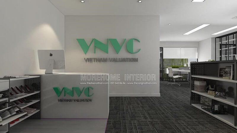Mẫu thiết kế quầy lễ tân văn phòng đẹp VNVC với cách bố trí hợp lí khoa học mang đến một không gian làm việc lí tưởng cho khách hàng.