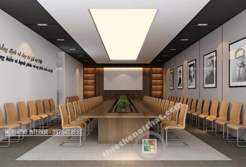 Trang trí phòng họp công ty VCC với đồ nội thất gỗ công nghiệp cao cấp kết hợp tranh canvas treo tường đẹp, cùng hiệu ứng đèn led độc đáo