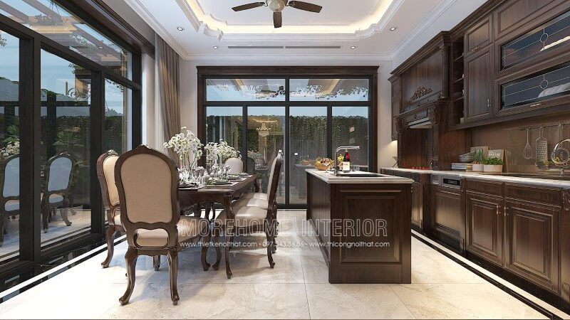 Sự kết hợp hài hòa giữa những đường nét tinh tế của phong cách tân cổ điển và sự trẻ trung, năng động của phong cách hiện đại, tủ bếp gỗ óc chó nhập khẩu mang đến không gian sang trọng và đầy tinh tế