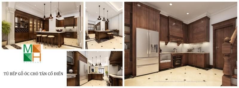 Mẫu thiết kế tủ bếp gỗ óc chó tân điển mới nhất khắc hẳn với những phong cách còn lại, vì sản phẩm này chỉ được sử dụng cho không gian biệt thự, nhà lo phố diện tíc lớn hay chung cư cao cấp.