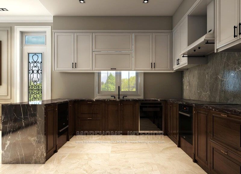 Thiết kế tủ bếp biệt thự song lập Vinhomes RiverSide gỗ óc chó