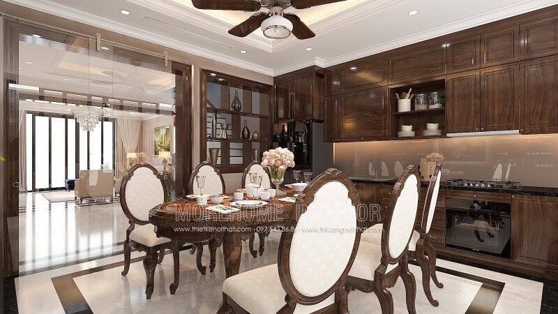 Mẫu tủ bếp gỗ tự nhiên cao cấp với hệ thống thiết bị bếp hiện đại tạo sự tiện nghi cho người đầu bếp