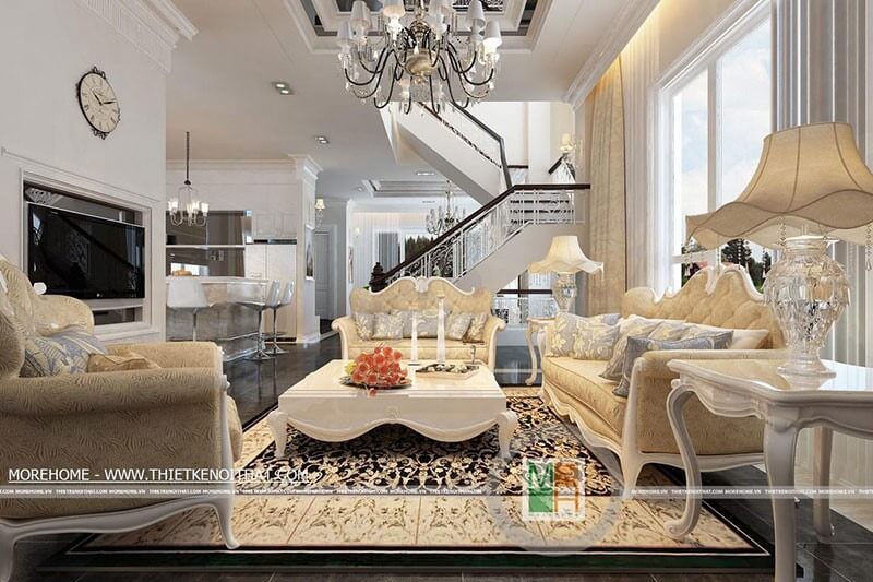 Mẫu sofa phòng khách tone màu vàng với họa tiết tân cổ điển, cùng đường cong ở thân ghế tinh tế là điểm nhấn cho không gian phòng khách