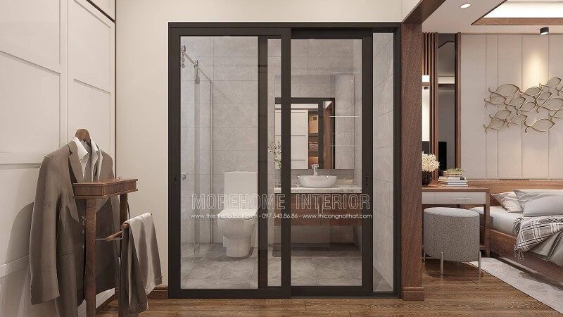 Thường với xu hướng thiết kế nội thất mở, bạn sẽ đi thẳng từ phòng ngủ đến phòng tắm nhưng với cách bố trí tủ quần áo như trên thì việc bố trí lối đi qua phòng thay đồ rồi đến nhà tắm là một ý tưởng khá khéo léo.