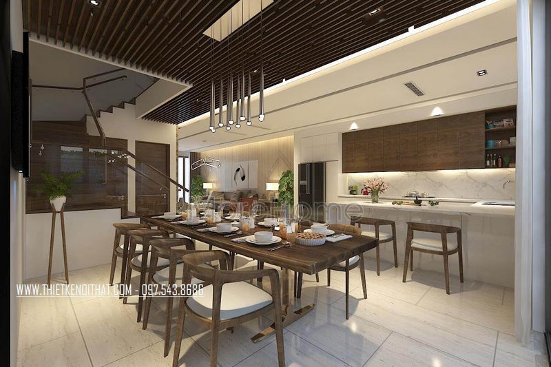 Mẫu bàn ghế ăn gỗ tự nhiên cao cấp với thiết kế kéo dài hình chữ nhật sang trọng cho nhà phốchung cư