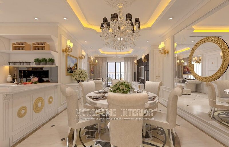 Mẫu bàn ănhiện đai với thiết kế ấn tượng mặt bàn kính hình tròn kết hợp mẫu ghế gỗ tân cổ điển cao cấp tạo điểm nhấn nổi bật cho căn phòng