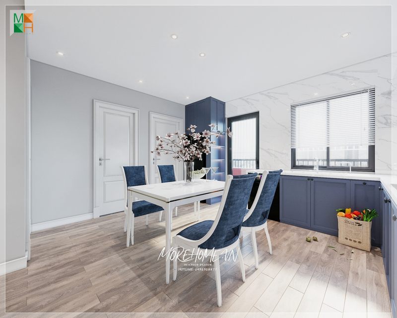 Bộ bàn ăn với sự tương phản màu sắc, cùng đường viền kim loại trang trí như là điểm nhấn cho sự cuốn hút giữa không gian phòng bếp hiện đại