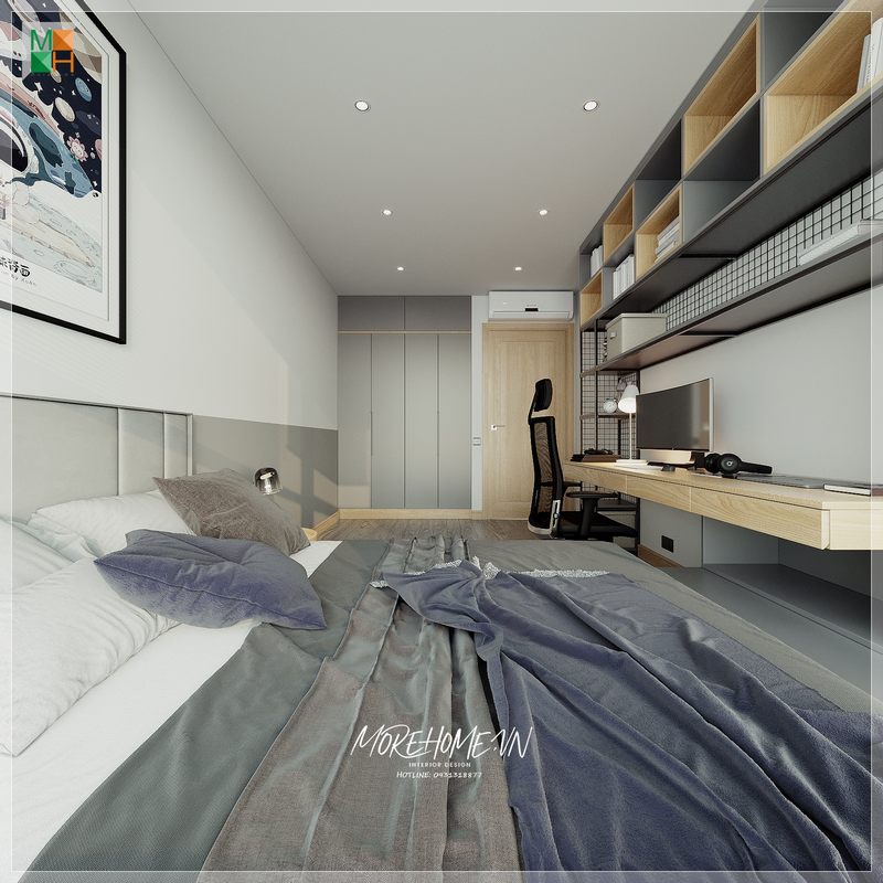 Mẫu bàn học kèm kệ sách bằng gỗ công nghiệp được thiết kế kiểu dáng treo tường với nhiều ngăn thích hợp với phòng ngủ nhỏ, giúp không gian phòng ngủ đỡ chật chội bí bách